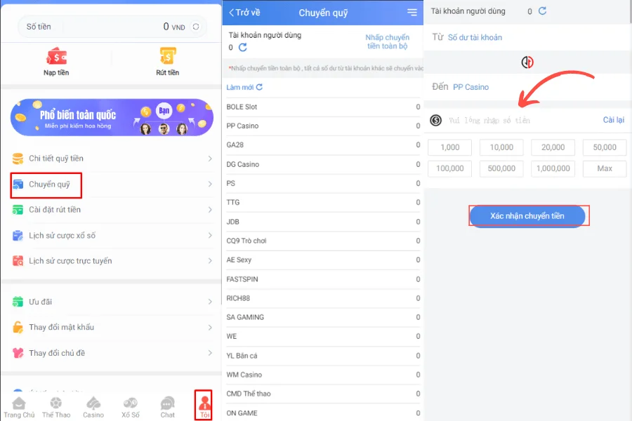 các bước chuyển quỹ tại sodo casino